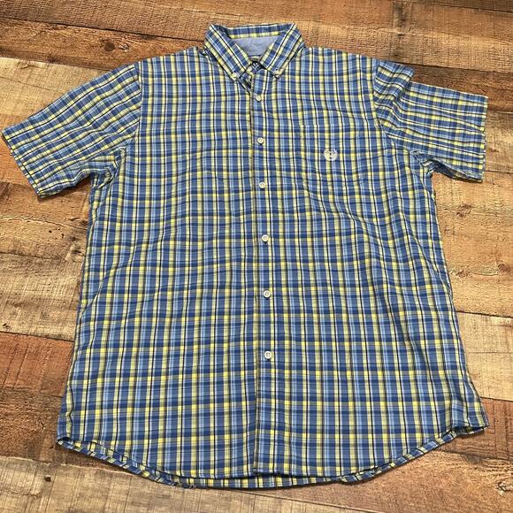 Chaps Men's Classic Blue Yellow Plaid Button Down Short Sleeve Shirt Sz L Preppy - Picture 1 of 4